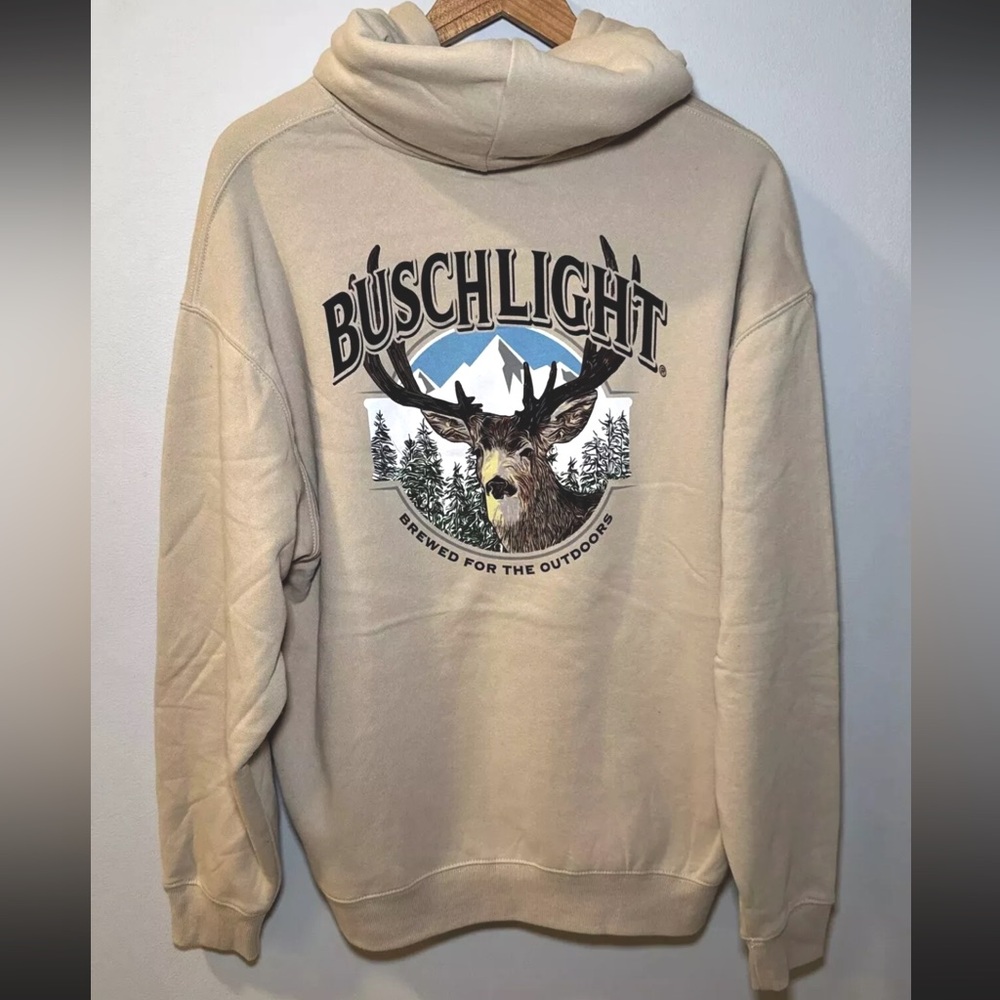 Busch Light Sweater Hoodie Large Deer Hunting NWT Camo Brown Beer Logo